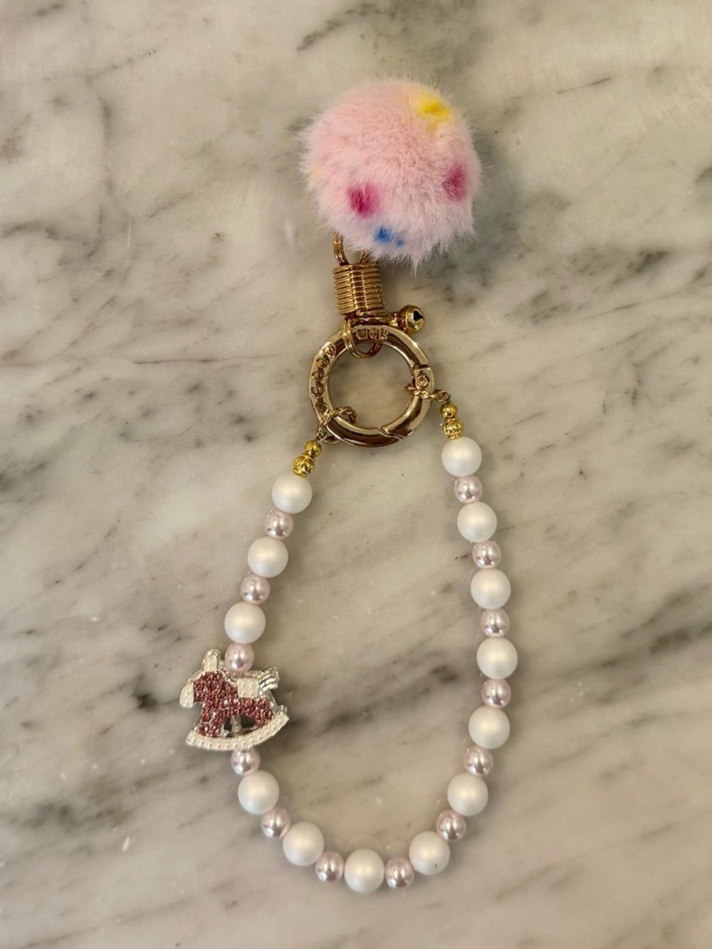 🆕 Faux Pearl Beaded Bag Charm Keychain Charm Pink Pom Pom and Horse Pendant